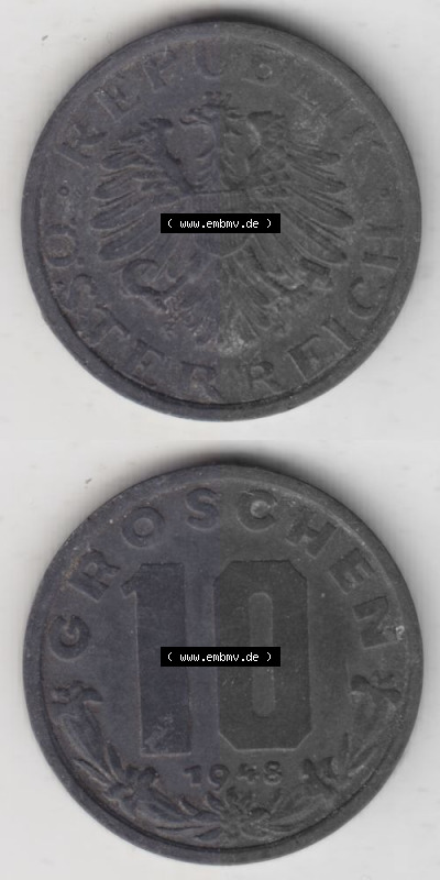 Münzen Österreich Umlaufmünze 1947-1949, 10 Groschen 1948 I., Münze aus Österreich mit Münzseiten Vertikal / Untereinander... Sammlung