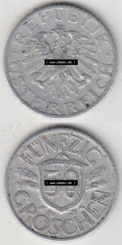 Münzen Österreich Umlaufmünze 1946-1955, 50 Groschen 1947 III., Münze aus Österreich mit Münzseiten Vertikal / Untereinander... Sammlung