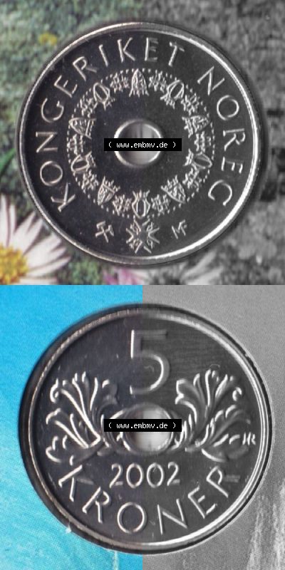 Münzen Norwegen Umlaufmünze 1998-2017, 5 Kroner, Kronen 2002, Münze aus Norwegen aus Münzensatz mit Münzseiten Vertikal /... Sammlung