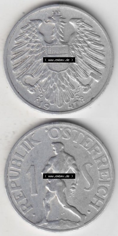 Münzen Österreich Umlaufmünze 1946-1957, 1 Schilling 1947 I., Münze aus Österreich mit Münzseiten Vertikal / Untereinander... Sammlung