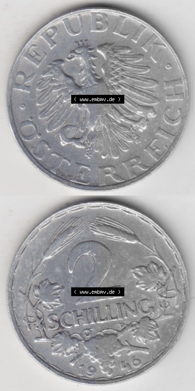 Münzen Österreich Umlaufmünze 1946-1952, 2 Schilling 1946, Münze aus Österreich mit Münzseiten Vertikal / Untereinander... Sammlung