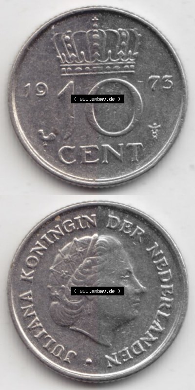 Münzen Niederlande Umlaufmünze 1950-1980, 10 Cent 1973, Münzseiten Vertikal / Untereinander für Mobile-Geräte als Bildmaterial Sammlung