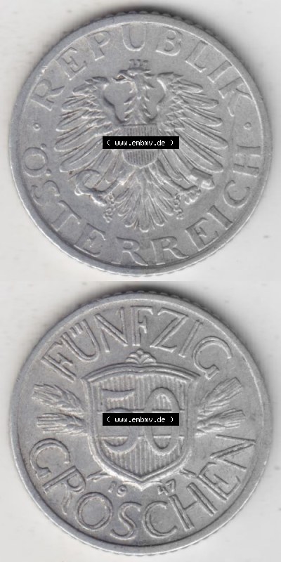 Münzen Österreich Umlaufmünze 1946-1955, 50 Groschen 1947 I., Münze aus Österreich mit Münzseiten Vertikal / Untereinander... Sammlung