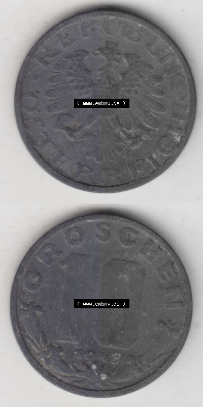 Münzen Österreich Umlaufmünze 1947-1949, 10 Groschen 1948 II., Münze aus Österreich mit Münzseiten Vertikal / Untereinander... Sammlung
