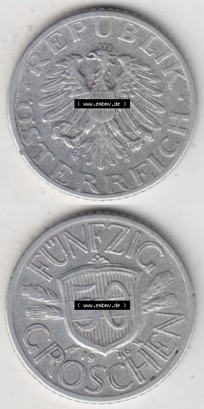 Münzen Österreich Umlaufmünze 1946-1955, 50 Groschen 1946, Münze aus Österreich mit Münzseiten Vertikal / Untereinander... Sammlung