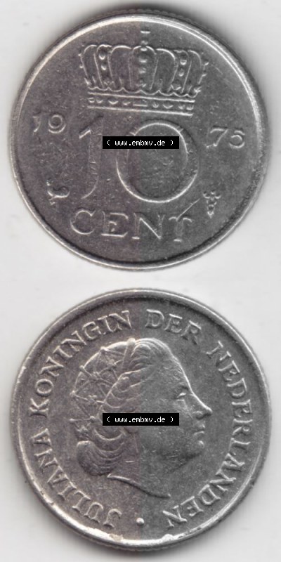 Münzen Niederlande Umlaufmünze 1950-1980, 10 Cent 1975, Münzseiten Vertikal / Untereinander für Mobile-Geräte als Bildmaterial Sammlung