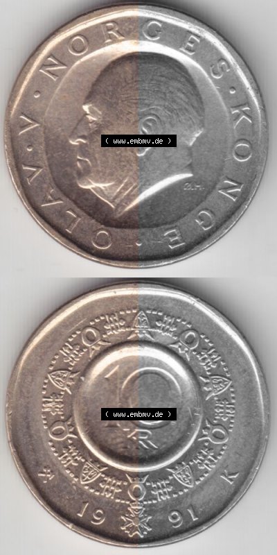 Münzen Norwegen Umlaufmünze 1983-1991, 10 Kronen 1991, Münze aus Norwegen aus Umlauf / Zahlungsverkehr mit Münzseiten Vertikal... Sammlung
