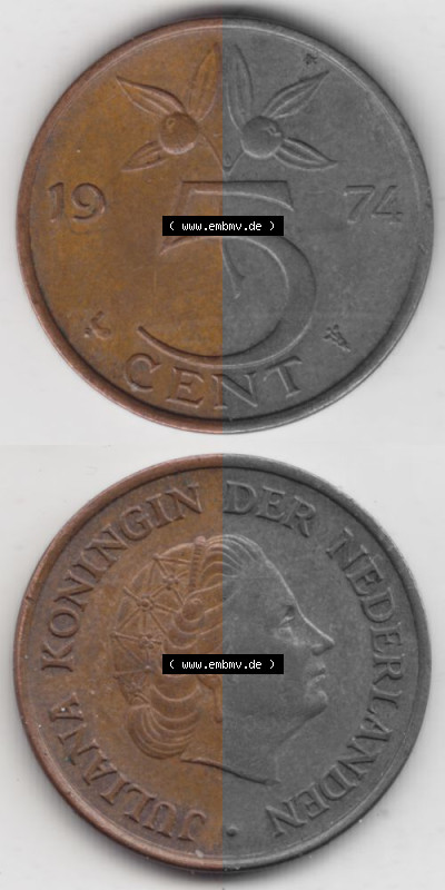 Münzen Niederlande Umlaufmünze 1950-1980, 5 Cent 1974, Münzseiten Vertikal / Untereinander für Mobile-Geräte als Bildmaterial Sammlung