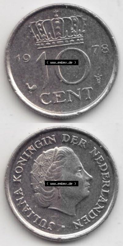 Münzen Niederlande Umlaufmünze 1950-1980, 10 Cent 1978, Münzseiten Vertikal / Untereinander für Mobile-Geräte als Bildmaterial Sammlung