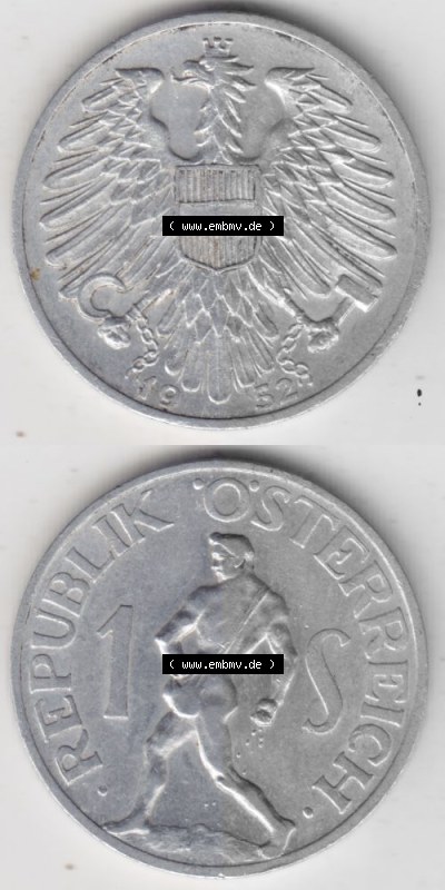 Münzen Österreich Umlaufmünze 1946-1957, 1 Schilling 1952, Münze aus Österreich mit Münzseiten Vertikal / Untereinander... Sammlung