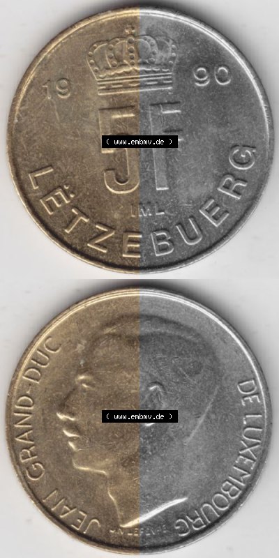 Münzen Luxemburg Umlaufmünze 1989-1995, 5 Franken - Francs 1990, Münzseiten Vertikal / Untereinander für Mobile-Geräte als... Sammlung