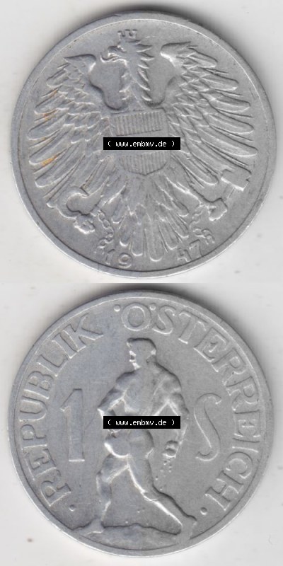 Münzen Österreich Umlaufmünze 1946-1957, 1 Schilling 1947 III., Münze aus Österreich mit Münzseiten Vertikal / Untereinander... Sammlung