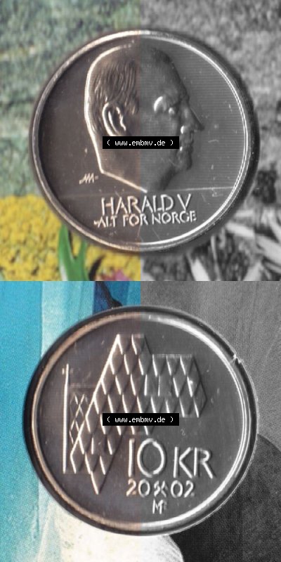 Münzen Norwegen Umlaufmünze 1995-2012, 10 KR, Kronen 2002, Münze aus Norwegen aus Münzensatz mit Münzseiten Vertikal / Untereinander... Sammlung