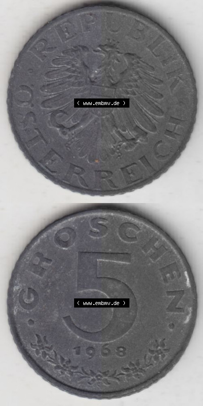 Münzen Österreich Umlaufmünze 1948-1994, 5 Groschen 1968 I., Münze aus Österreich -.-.- Sammlung