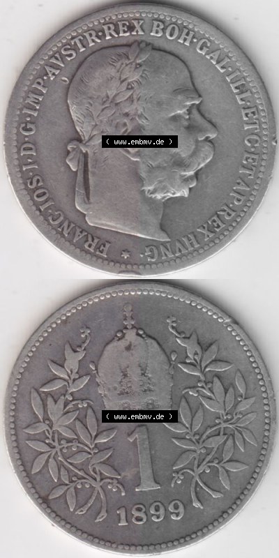 Münzen Österreich Umlaufmünze 1892-1907, 1 Krone Franz Joseph I. 1899, Münze aus Österreich mit Münzseiten Vertikal / Untereinander... Sammlung