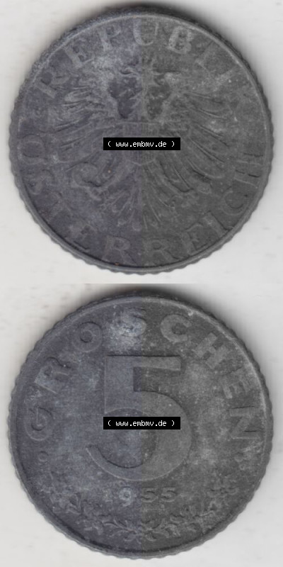 Münzen Österreich Umlaufmünze 1948-1994, 5 Groschen 1955, Münze aus Österreich -.-.- Sammlung