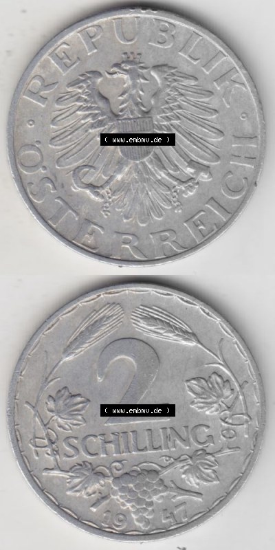 Münzen Österreich Umlaufmünze 1946-1952, 2 Schilling 1947, Münze aus Österreich mit Münzseiten Vertikal / Untereinander... Sammlung