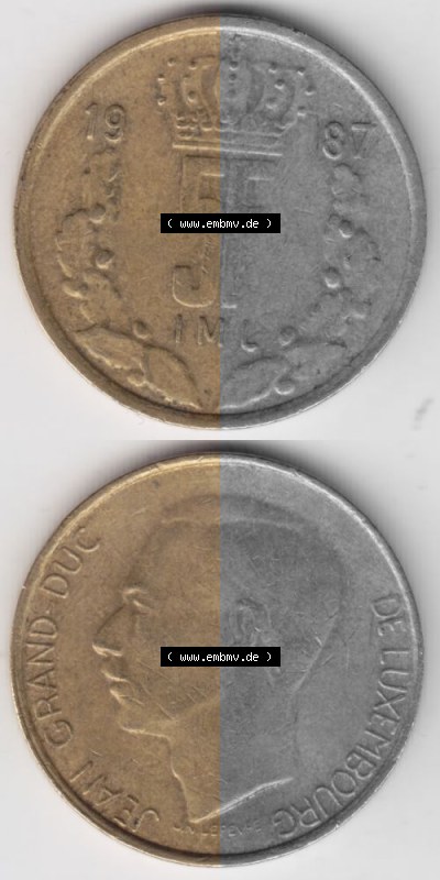 Münzen Luxemburg Umlaufmünze 1986-1988, 5 F, Francs, Franken 1987, Münzseiten Vertikal / Untereinander für Mobile-Geräte... Sammlung