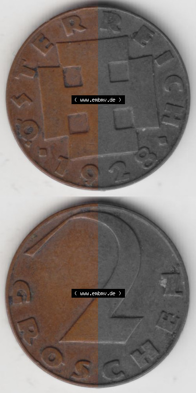 Münzen Österreich Umlaufmünze 1925-1938, 2 Groschen 1928, Münze aus Österreich mit Münzseiten Vertikal / Untereinander auf... Sammlung