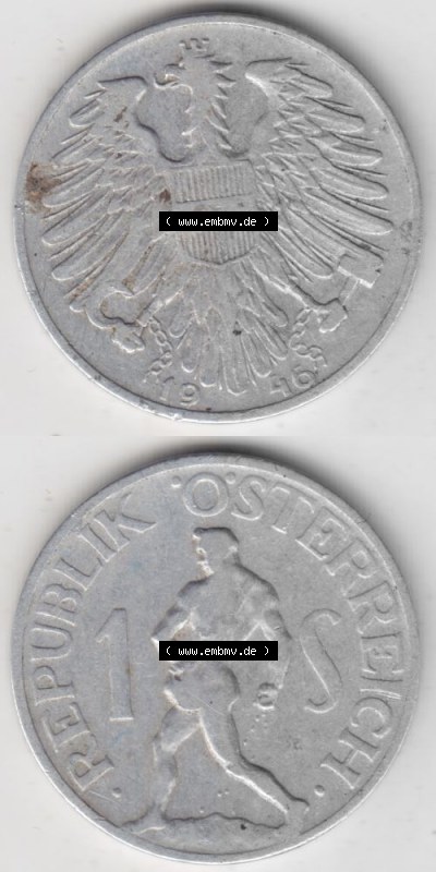 Münzen Österreich Umlaufmünze 1946-1957, 1 Schilling 1946 I., Münze aus Österreich mit Münzseiten Vertikal / Untereinander... Sammlung
