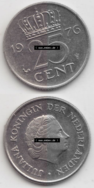 Münzen Niederlande Umlaufmünze 1950-1980, 25 Cent 1976, Münzseiten Vertikal / Untereinander für Mobile-Geräte als Bildmaterial Sammlung