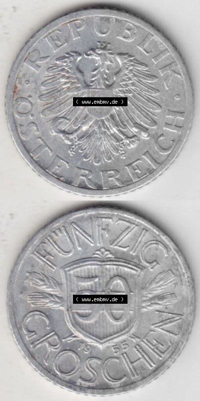 Münzen Österreich Umlaufmünze 1946-1955, 50 Groschen 1955, Münze aus Österreich mit Münzseiten Vertikal / Untereinander... Sammlung