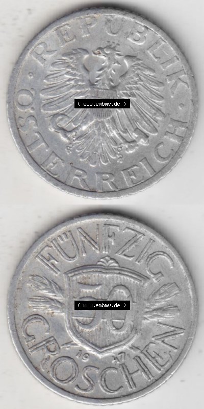 Münzen Österreich Umlaufmünze 1946-1955, 50 Groschen 1947 II., Münze aus Österreich mit Münzseiten Vertikal / Untereinander... Sammlung