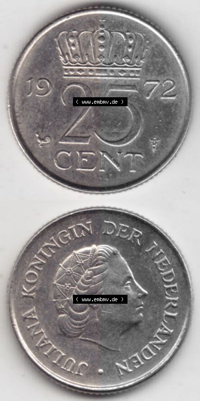 Münzen Niederlande Umlaufmünze 1950-1980, 25 Cent 1972, Münzseiten Vertikal / Untereinander für Mobile-Geräte als Bildmaterial Sammlung