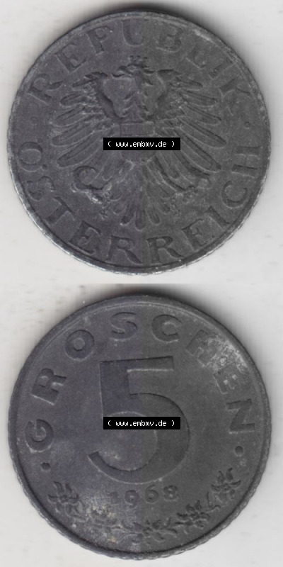 Münzen Österreich Umlaufmünze 1948-1994, 5 Groschen 1968 II., Münze aus Österreich -.-.- Sammlung
