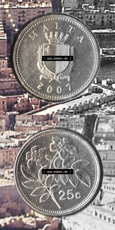 Münzen Malta Umlaufmünze 1991-2007, 25 Cent 2007, Münzseiten Vertikal / Untereinander für Mobile-Geräte als Bildmaterial Sammlung