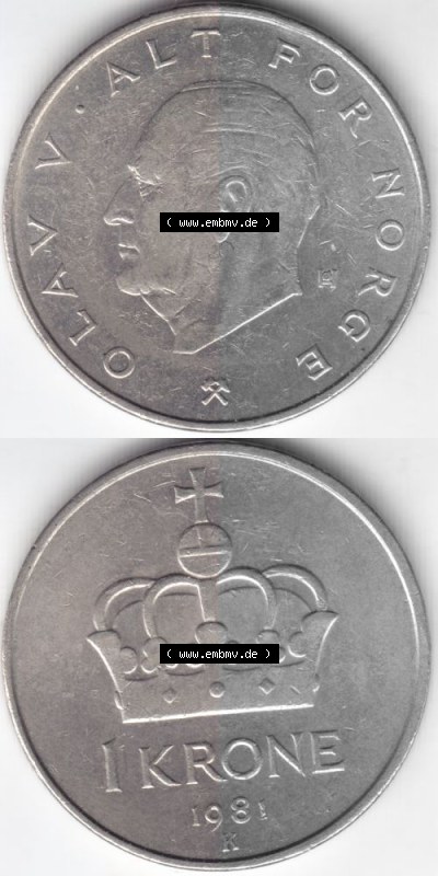 Münzen Norwegen Umlaufmünze 1974-1991, 1 Krone 1981, Münze aus Norwegen aus Umlauf / Zahlungsverkehr mit Münzseiten Vertikal... Sammlung