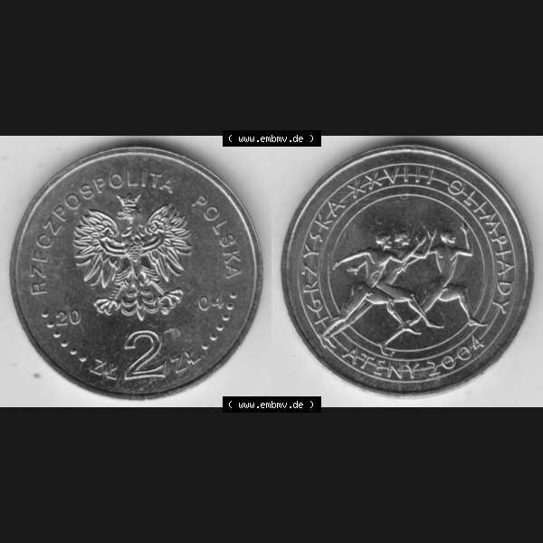 Grau bzw. s/w Münzen Polen Gedenkmünze 2004-2004, 2 Zloty, XXVIII. Olympische Sommerspiele in Athen 2004. Wertseite + Motivseite nebeneinander als Vollansicht auf einen Digitalen... Sammlung Graustufen