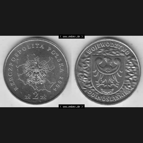 Grau bzw. s/w Münzen Polen Gedenkmünze 2004-2004, 2 Zloty, Województwo Dolnoslaskie. Wertseite + Motivseite nebeneinander als Vollansicht auf einen Digitalen Bild mit einer Zahlkraft... Sammlung Graustufen