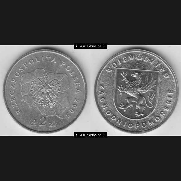 Grau bzw. s/w Münzen Polen Gedenkmünze 2005-2005, 2 Zloty, Województwo Zachodniopomorskie. Wertseite + Motivseite nebeneinander als Vollansicht auf einen Digitalen Bild mit einer... Sammlung Graustufen
