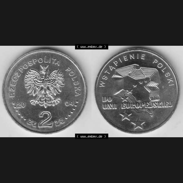 Grau bzw. s/w Münzen Polen Gedenkmünze 2004-2004, 2 Zloty, Wstapienie Polski, Do Unii Europejskiej. Wertseite + Motivseite nebeneinander als Vollansicht auf einen Digitalen Bild... Sammlung Graustufen