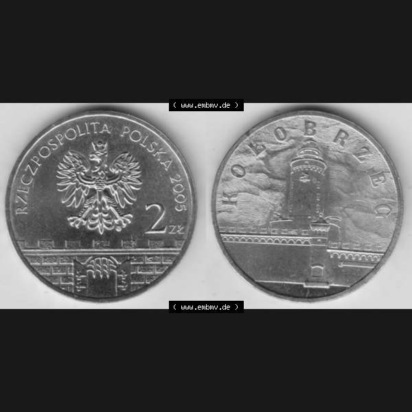 Grau bzw. s/w Münzen Polen Gedenkmünze 2005-2005, 2 Zloty, Kolobrzeg. Wertseite + Motivseite nebeneinander als Vollansicht auf einen Digitalen Bild mit einer Zahlkraft 2 Zloty einer... Sammlung Graustufen