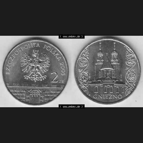Grau bzw. s/w Münzen Polen Gedenkmünze 2005-2005, 2 Zloty, Gniezno. Wertseite + Motivseite nebeneinander als Vollansicht auf einen Digitalen Bild mit einer Zahlkraft 2 Zloty einer Polnische... Sammlung Graustufen