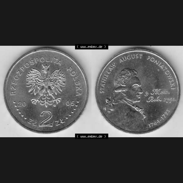 Grau bzw. s/w Münzen Polen Gedenkmünze 2005-2005, 2 Zloty, Stanisław August Poniatowski. Wertseite + Motivseite nebeneinander als Vollansicht auf einen Digitalen Bild mit einer... Sammlung Graustufen
