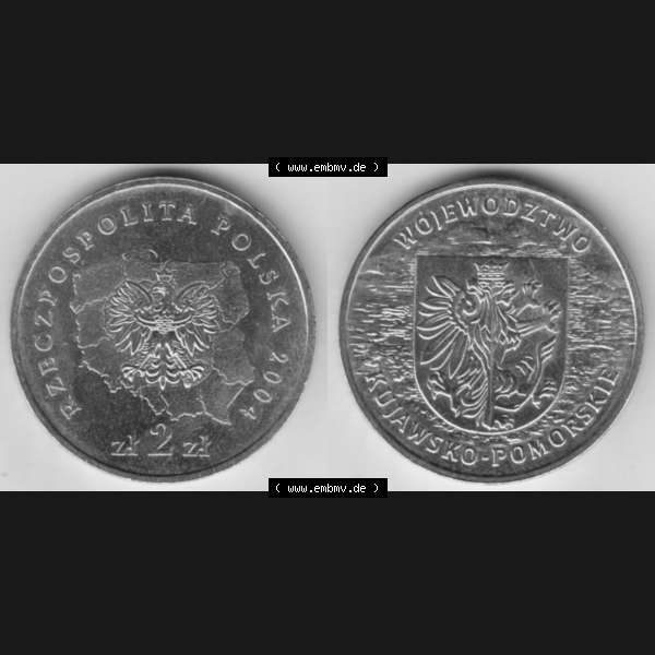 Grau bzw. s/w Münzen Polen Gedenkmünze 2004-2004, 2 Zloty, Województwo Kujawsko-Pomorskie. Wertseite + Motivseite nebeneinander als Vollansicht auf einen Digitalen Bild mit einer... Sammlung Graustufen