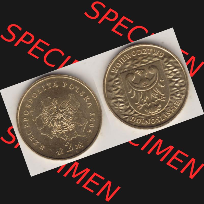 Münzen Polen Gedenkmünze 2004-2004, 2 Zloty, Województwo Dolnoslaskie. Wertseite + Motivseite nebeneinander als Vollansicht auf einen Digitalen Bild mit einer Zahlkraft... Sammlung
