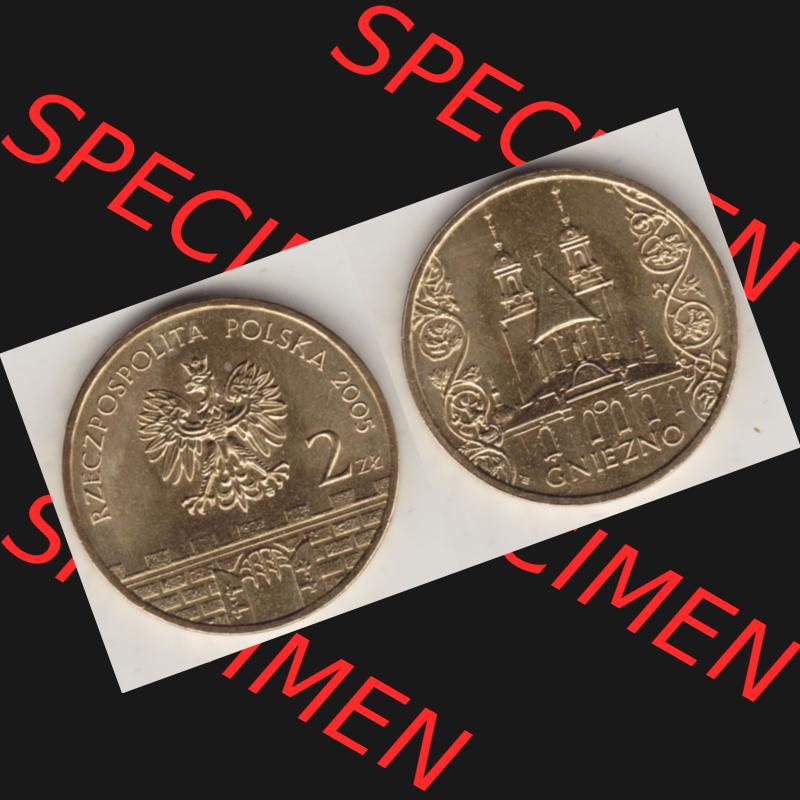 Münzen Polen Gedenkmünze 2005-2005, 2 Zloty, Gniezno. Wertseite + Motivseite nebeneinander als Vollansicht auf einen Digitalen Bild mit einer Zahlkraft 2 Zloty einer Polnische... Sammlung