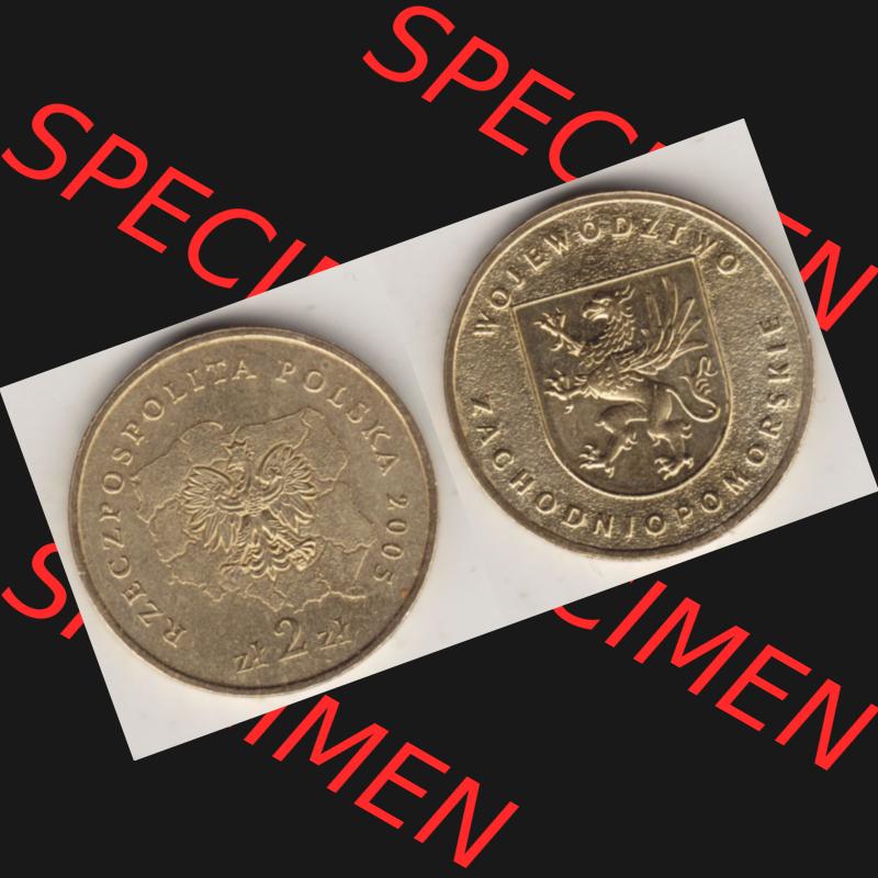 Münzen Polen Gedenkmünze 2005-2005, 2 Zloty, Województwo Zachodniopomorskie. Wertseite + Motivseite nebeneinander als Vollansicht auf einen Digitalen Bild mit einer... Sammlung