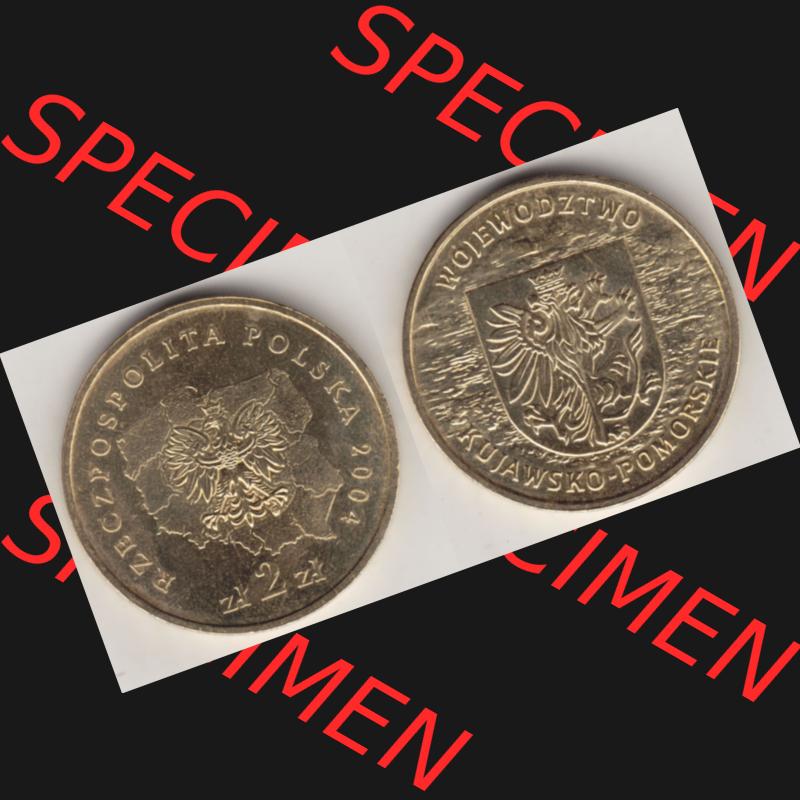 Münzen Polen Gedenkmünze 2004-2004, 2 Zloty, Województwo Kujawsko-Pomorskie. Wertseite + Motivseite nebeneinander als Vollansicht auf einen Digitalen Bild mit einer... Sammlung