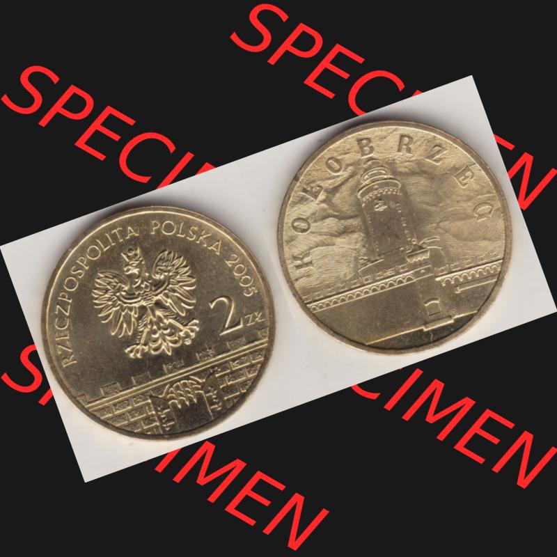 Münzen Polen Gedenkmünze 2005-2005, 2 Zloty, Kolobrzeg. Wertseite + Motivseite nebeneinander als Vollansicht auf einen Digitalen Bild mit einer Zahlkraft 2 Zloty einer... Sammlung
