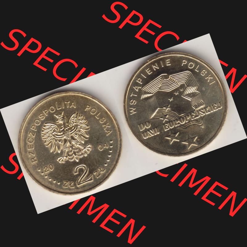 Münzen Polen Gedenkmünze 2004-2004, 2 Zloty, Wstapienie Polski, Do Unii Europejskiej. Wertseite + Motivseite nebeneinander als Vollansicht auf einen Digitalen Bild... Sammlung