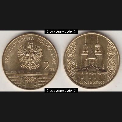 Münzen Polen Gedenkmünze 2005-2005, 2 Zloty, Gniezno. Wertseite + Motivseite nebeneinander als Vollansicht auf einen Digitalen Bild mit einer Zahlkraft 2 Zloty einer Polnische... Sammlung
