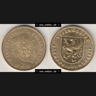 Münzen Polen Gedenkmünze 2005-2005, 2 Zloty, Województwo Zachodniopomorskie. Wertseite + Motivseite nebeneinander als Vollansicht auf einen Digitalen Bild mit einer... Sammlung