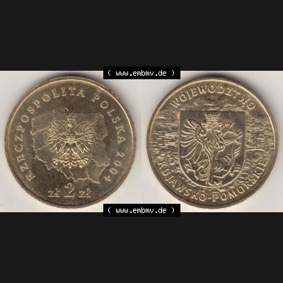 Münzen Polen Gedenkmünze 2004-2004, 2 Zloty, Województwo Kujawsko-Pomorskie. Wertseite + Motivseite nebeneinander als Vollansicht auf einen Digitalen Bild mit einer... Sammlung