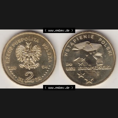Münzen Polen Gedenkmünze 2004-2004, 2 Zloty, Wstapienie Polski, Do Unii Europejskiej. Wertseite + Motivseite nebeneinander als Vollansicht auf einen Digitalen Bild... Sammlung