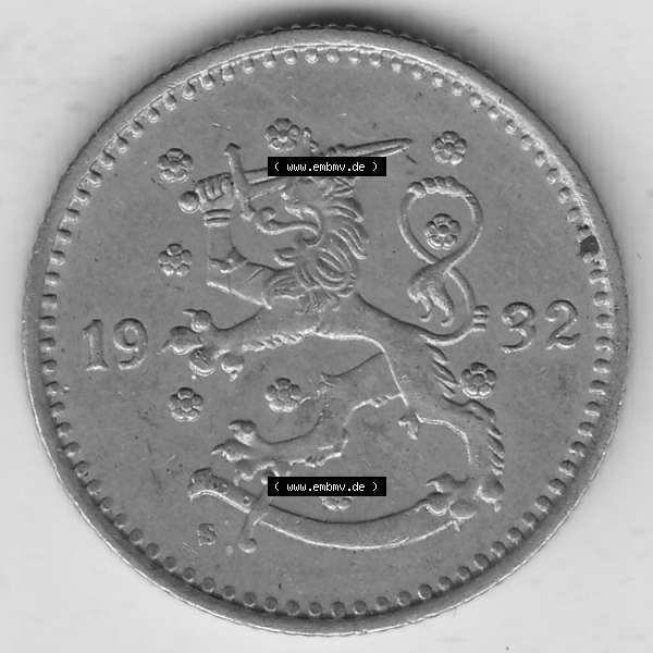 Grau bzw. s/w Alte Münzen KMS Finnland, Kursmünzensatz 1928-1940, 1 finnische Mark, Markka 1932. Vorderseite einer Münze aus KMS / Kursmünzen bzw. Münzensatz... Sammlung Graustufen
